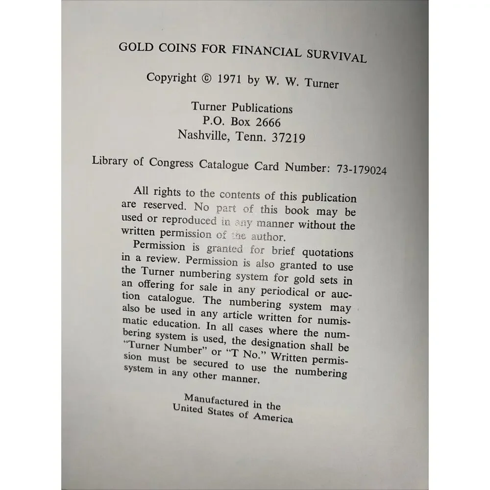 Gold Coins For Financial Survival by W.W. Turner 1971 Hardcover Numismatic Book